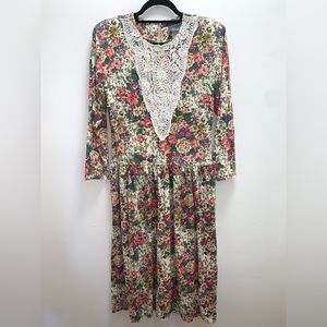 Vintage 80’s Cottage Core Alison J Floral Long Sleeve Midi Dress Size 14